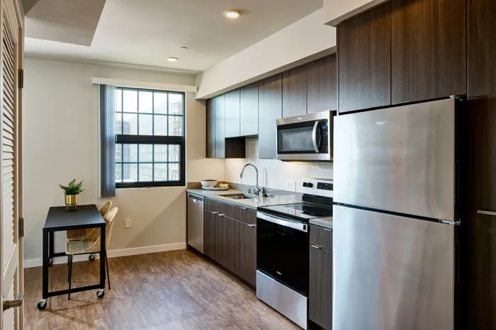 kitchen with stainless steel appliances Modera Berkeley, CA apartment.