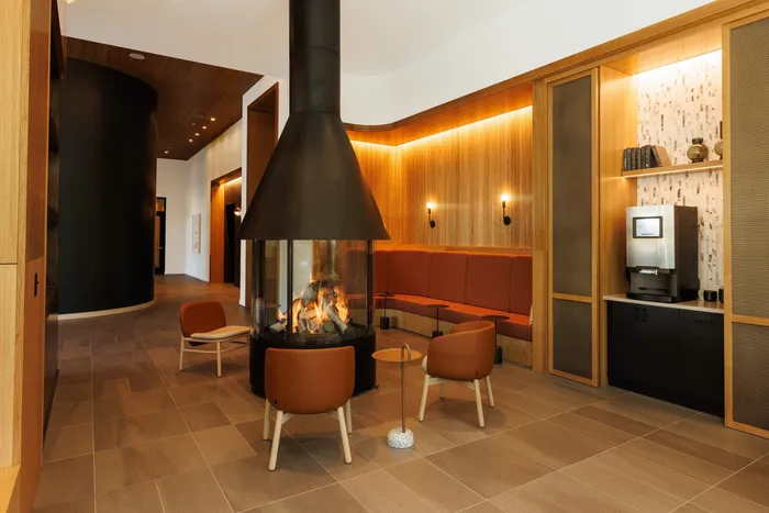 Fireside lounge and coffee station at modera morrison portland or
