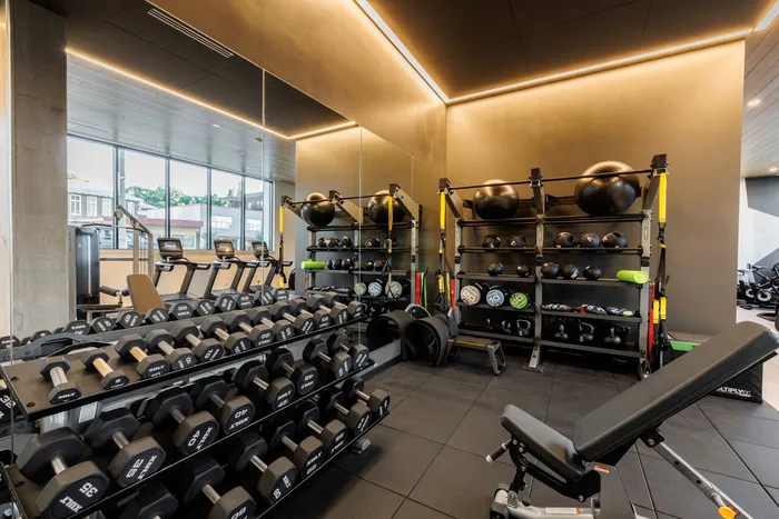 equipment filled fitness studio at modera morrison