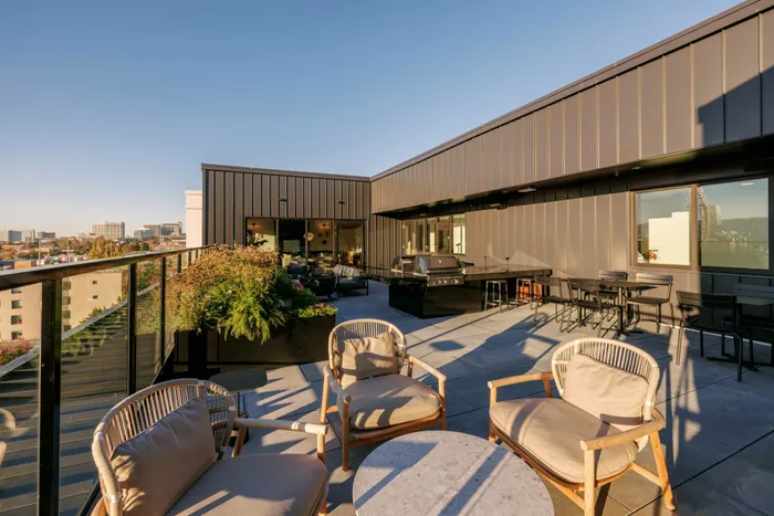 rooftop lounge with sweeping city views at dusk