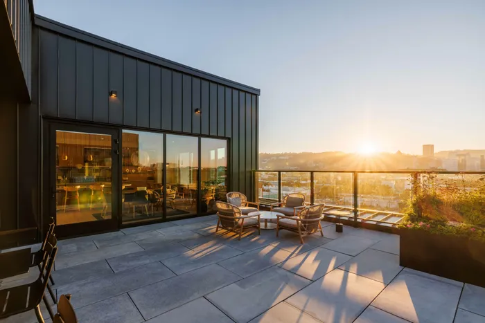 rooftop views of downtown portland at sunset