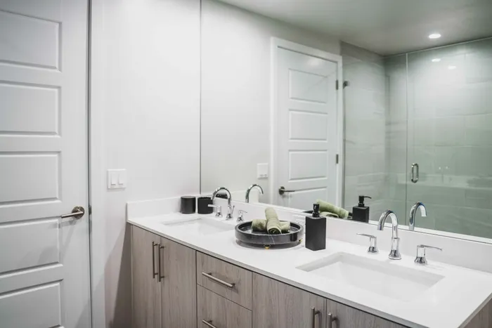 modern bathroom with luxury finishes and spacious countertops