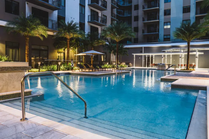 resort style pool at dusk