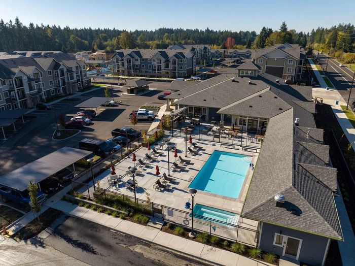Aerial view of pool and community at Modera Lacey