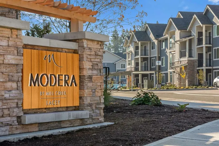 Entrance sign to Modera Lacey by Mill Creek