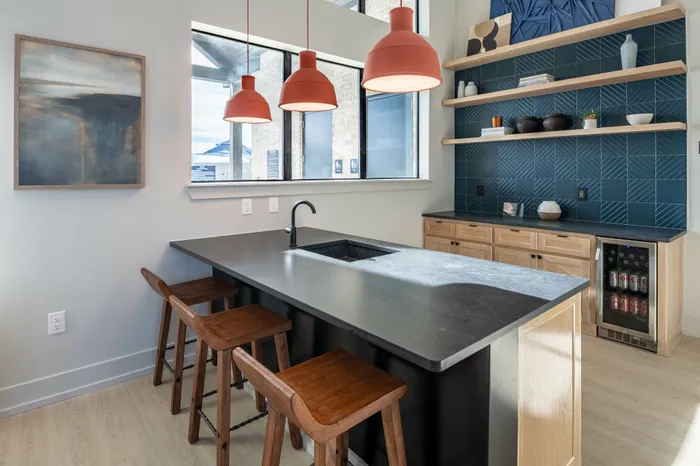 demonstration kitchen with bar seating at amavi celina single family homes for rent in texas