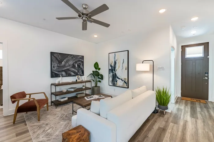 living room with furniture and ceiling fan at amavi celina single family homes for rent in texas