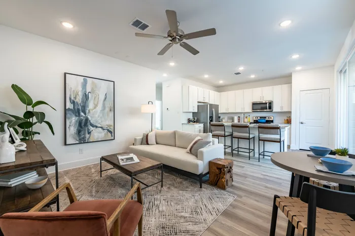 living room with furniture and ceiling fan at amavi celina single family homes for rent in texas
