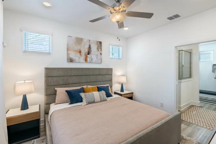 bedroom with bed and ceiling fan at amavi celina single family homes for rent in texas