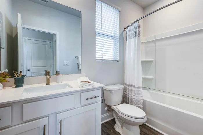 Bathroom with quartz countertops and white cabinetry