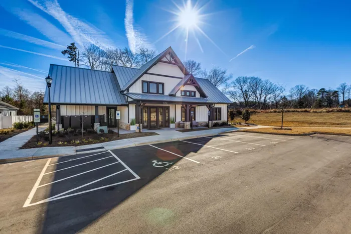 Entrance to clubhouse with blue sky