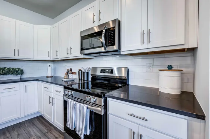 Spacious kitchen with stainless steel appliances, black quartz countertops, custom white cabinetry, and tile backsplash