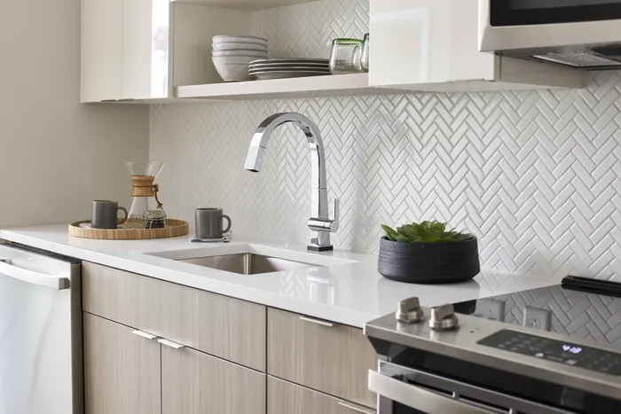 modern kitchen and custom tile backsplash