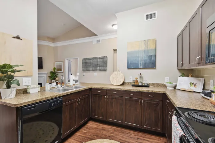 spacious kitchen with ample counterspace looking onto living area alister sunset valley apartment homes for rent in austin tx