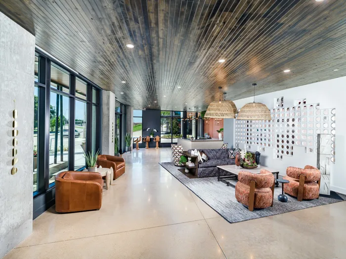 lobby and gathering space at modera trinity apartments