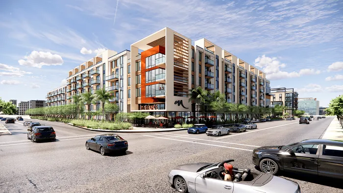 street level view of building exterior adjacent to road rendering modera scottsdale apartment homes for rent in az