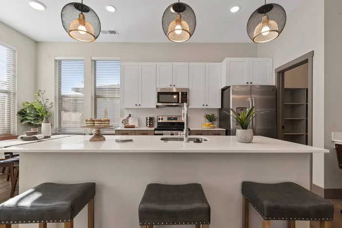 Large kitchen island and stainless steel appliances inside homes at Modern Craftsman Black Cat