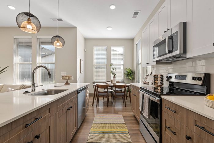 Modern kitchens with stainless steel appliances and quartz countertops inside homes at Modern Craftsman Black Cat