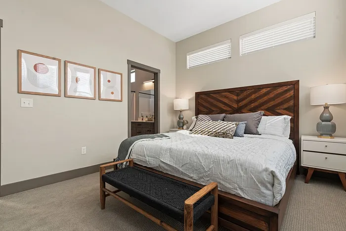 High ceilings and an en-suite bathroom inside the primary bedroom at Modern Craftsman Black Cat