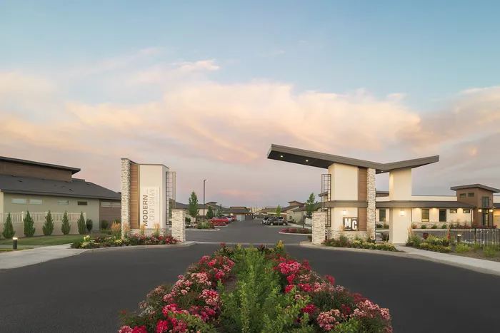 Community Entrance Modern Craftsman Black Cat homes in Meridian, ID
