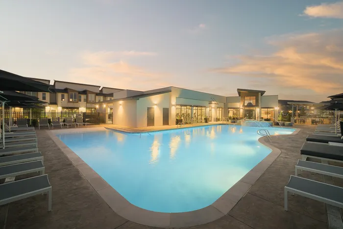 Nighttime View of Pool and Spa Modern Craftsman Black Cat homes in Meridian, ID