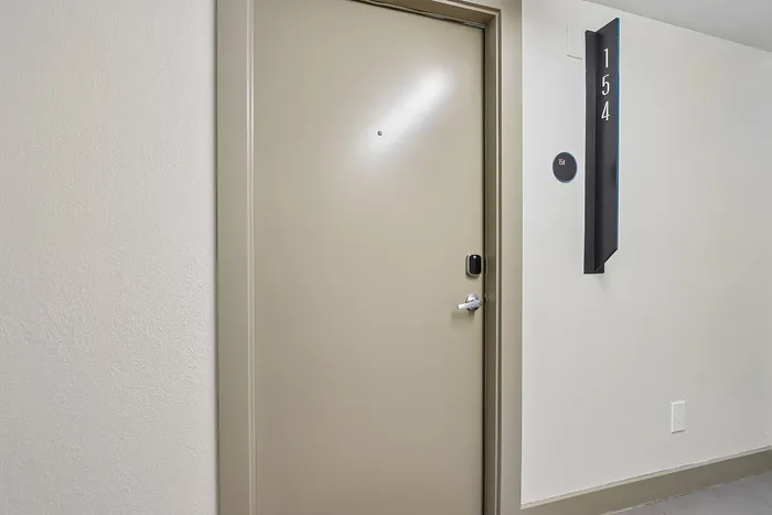 Stylish apartment entrance featuring a sleek door with modern digital lock and elegant room signage.