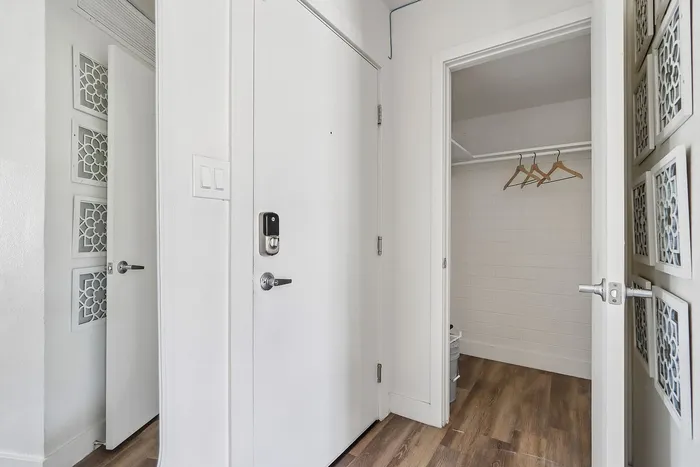Modern apartment entryway with elegant wood flooring and a spacious walk-in closet, featuring sleek white doors and decorative wall accents.