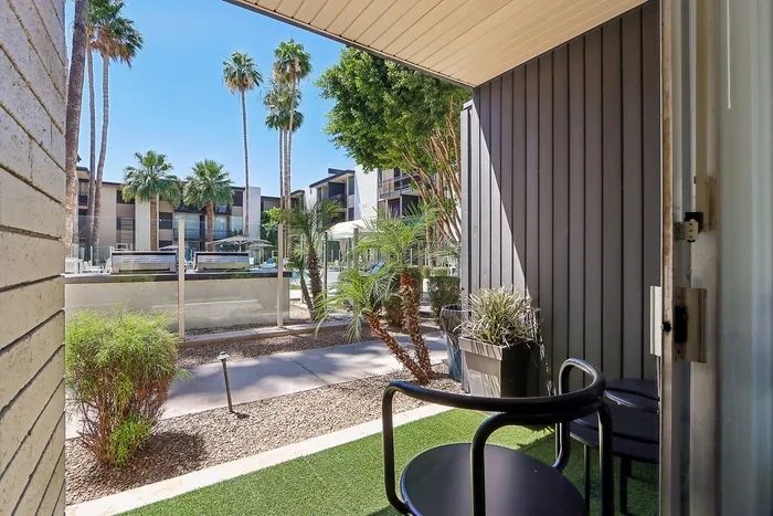 Charming patio view with lush palm trees and modern apartment buildings, ideal for relaxing in style.