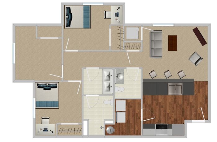 Modern floor plan featuring 3 bedrooms, a cozy living area, and a sleek open kitchen with island seating.