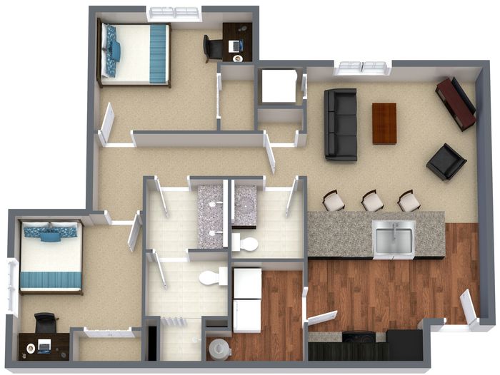 Modern 2D floor plan featuring 2 spacious bedrooms, elegant living room, and a sleek open kitchen with a breakfast bar.