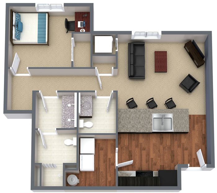 Modern 2D floor plan highlighting a spacious layout with a comfortable bedroom, sleek kitchen, open-concept living area, and stylish bathroom.