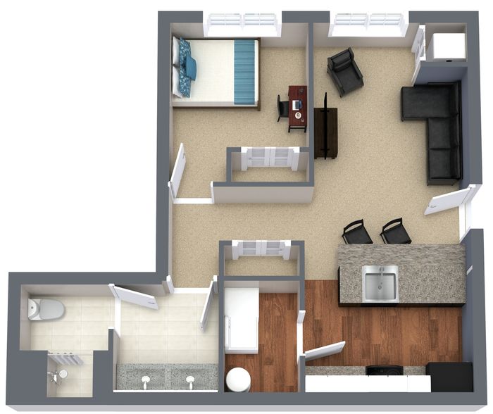 Chic 1-bedroom apartment floor plan featuring an open living area, modern U-shaped kitchen with bar seating, and a stylish bathroom.