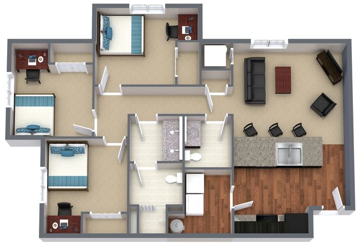 Modern 3D floor plan with three cozy bedrooms, inviting open kitchen with island seating, spacious living area, and elegant bathroom.