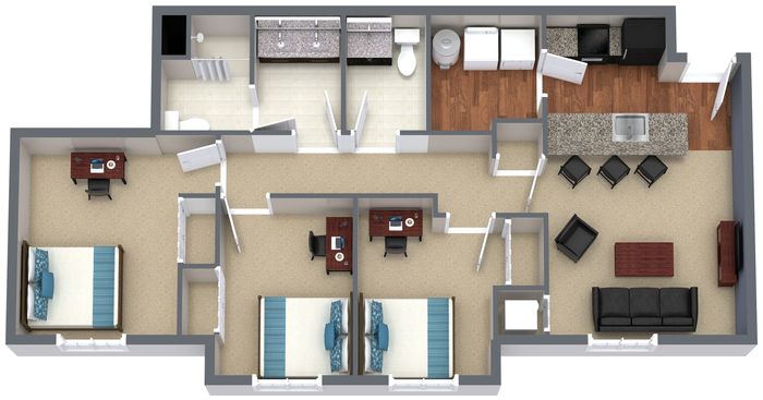 Modern 2D floor plan showcasing 2 bedrooms, open living space with a cozy seating area, and a stylish kitchen with an island. Ideal for comfortable living.