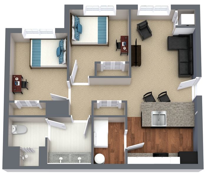 Modern 2D floor plan featuring two cozy bedrooms, a sleek open living area, and a contemporary kitchen with an island.