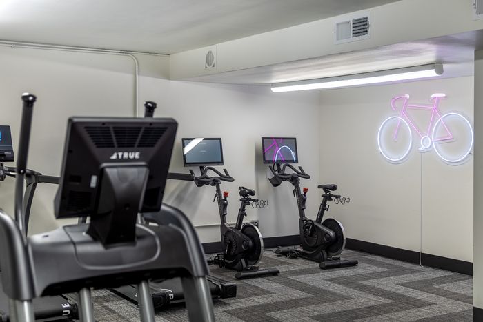 Modern fitness room featuring exercise bikes and treadmills with digital screens, highlighted by a vibrant neon bicycle wall art.