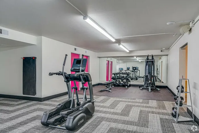 Modern apartment gym with state-of-the-art equipment, including elliptical, weights, and mirrored walls for dynamic workouts.