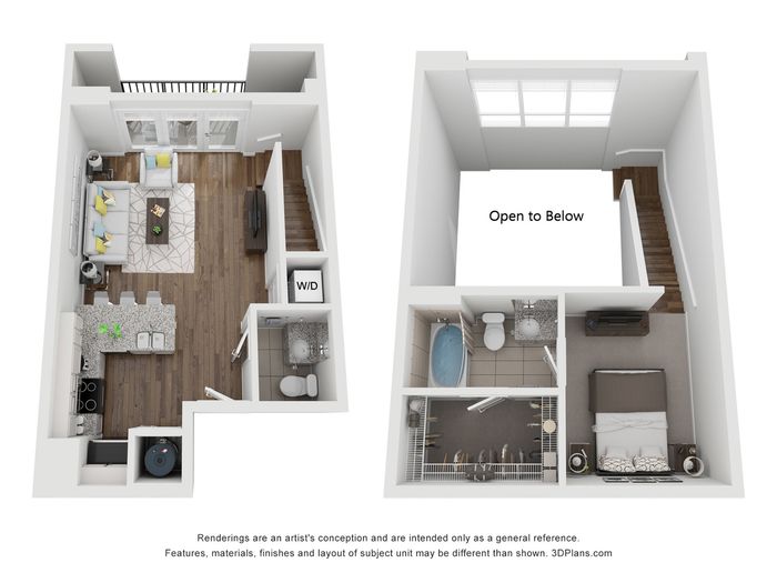 3D floor plan of a stylish duplex showcasing an open-concept living room, modern kitchen, and cozy bedroom with a bathroom.