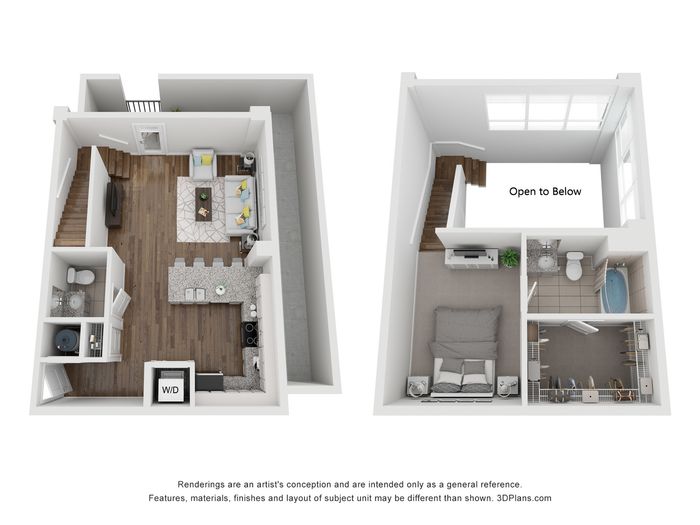 Chic 3D floor plan of a loft with open living space, modern kitchen, bedroom, and bathroom.