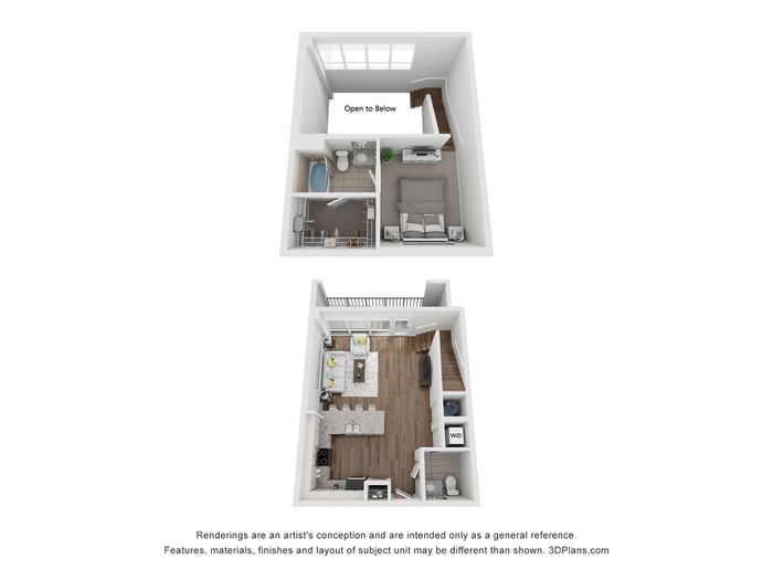 Sleek two-level apartment floor plan featuring an open-concept living area, modern kitchen, and cozy bedrooms.