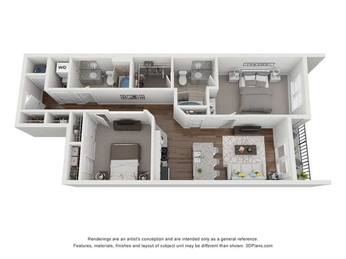 3D floor plan displaying two bedrooms, open living and dining area, modern kitchen, and two bathrooms.