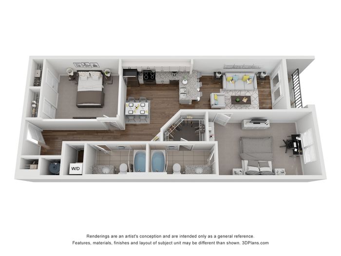 3D floor plan highlighting 2 bedrooms, modern kitchen, open living area, and dual bathrooms.