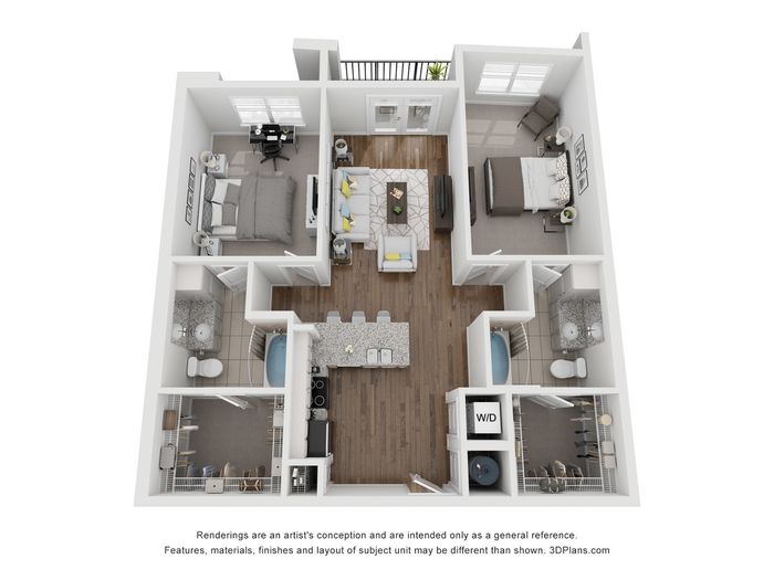 Elegant 3D floor plan with two bedrooms, open-concept living area, modern kitchen, and two bathrooms.