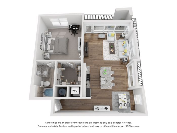3D floor plan featuring 1 bedroom, open living and dining area, modern kitchen, and balcony.