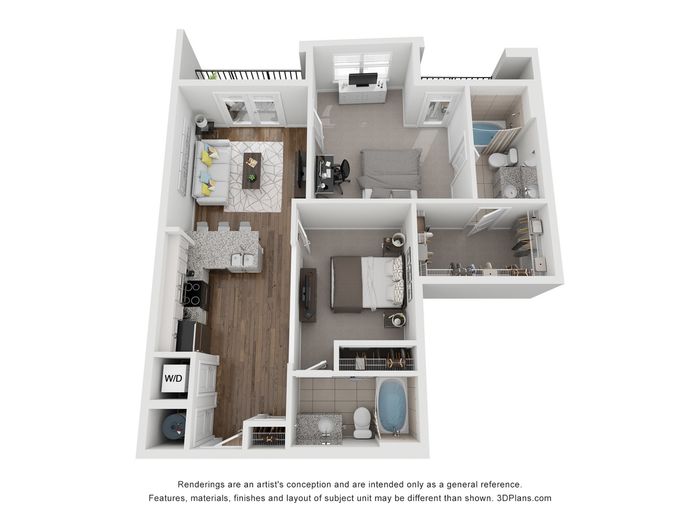 3D floor plan of a modern apartment featuring two bedrooms, a living area, open kitchen, and two bathrooms.