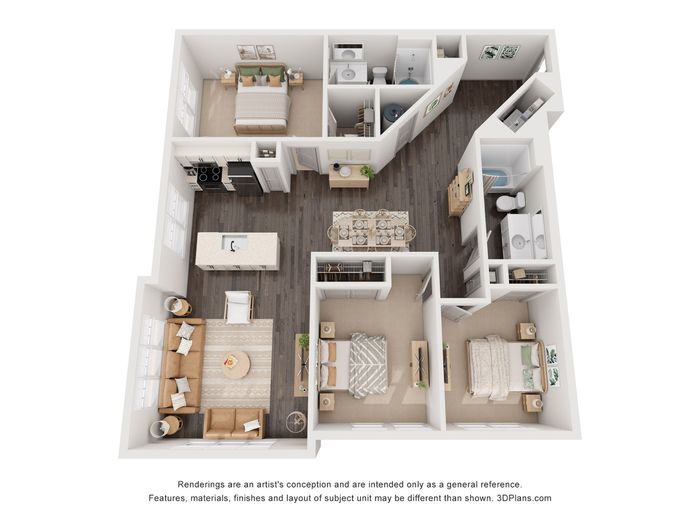 Elegant 3D floor plan showcasing a modern apartment with two bedrooms, a sleek kitchen with island, spacious living and dining areas, and two stylish bathrooms.
