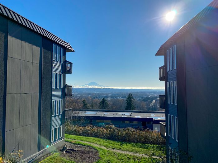 Apartments for Rent in Renton WA - Sunset View - This is the exterior of the apartment building with natural landscaping and views of Mt. Rainier.