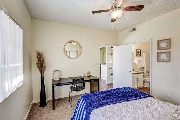 2 BR Apartments in North Las Vegas, NV - Desert Ridge - Well Lit Bedroom with Oversized Closet, Attached Bathroom, Queen Bed, and Carpeted Flooring