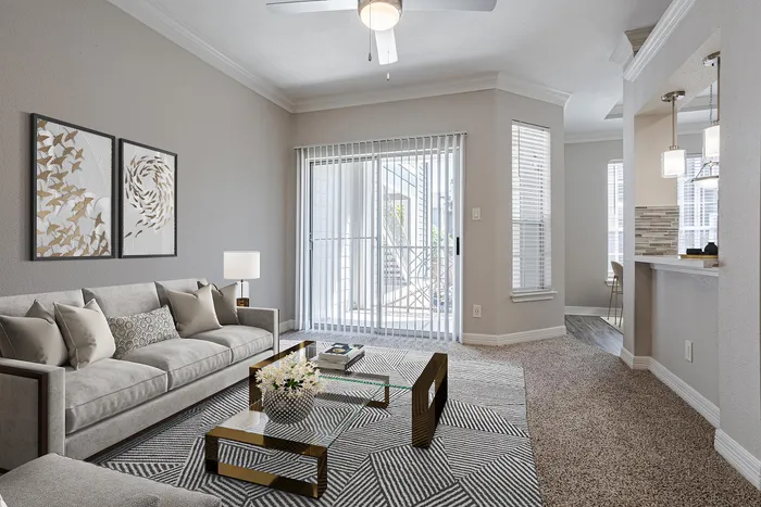 Spacious living room at Gramercy Park, an upscale apartment community in Houston, Texas offering 1-, 2-, and 3-bedroom floor plans.
