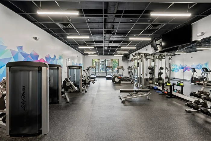 Palatine, IL, Apartments Near Arlington Park - The Clayson - A Spacious Fitness Center With Cardio Machines, Workout Benches, Free Weights, And Strength Training Equipment.